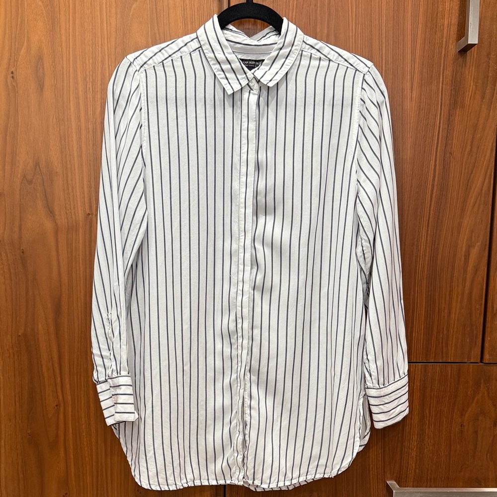 BR Women’s Gray White Striped Button-down soft Tunic Shirt